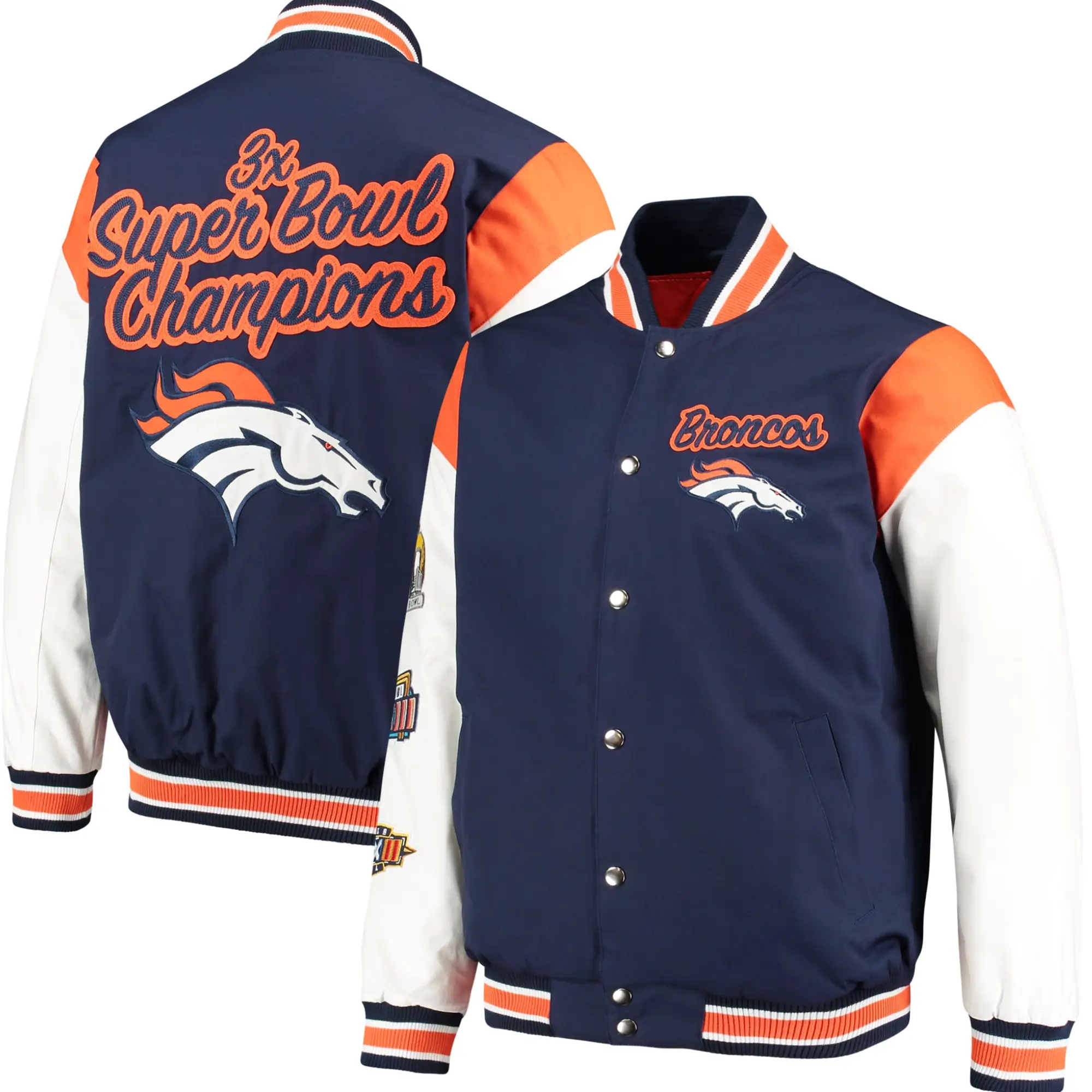 Denver Broncos Navy & White Patches Satin Varsity Jacket - Image 3
