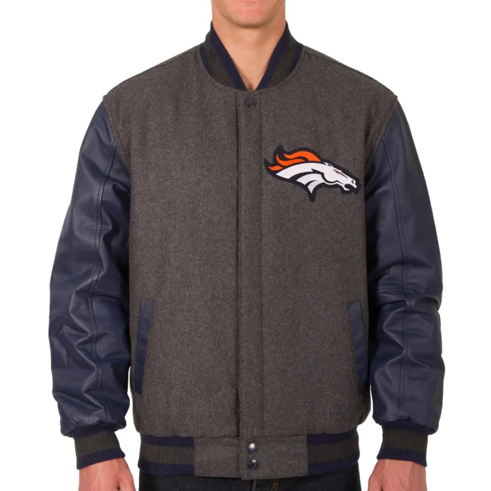 Denver Broncos Wool & Leather Reversible Varsity Jacket Charcoal & Navy