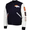 Denver Broncos Classic Navy & White Logo Wool & Leather Varsity Jacket