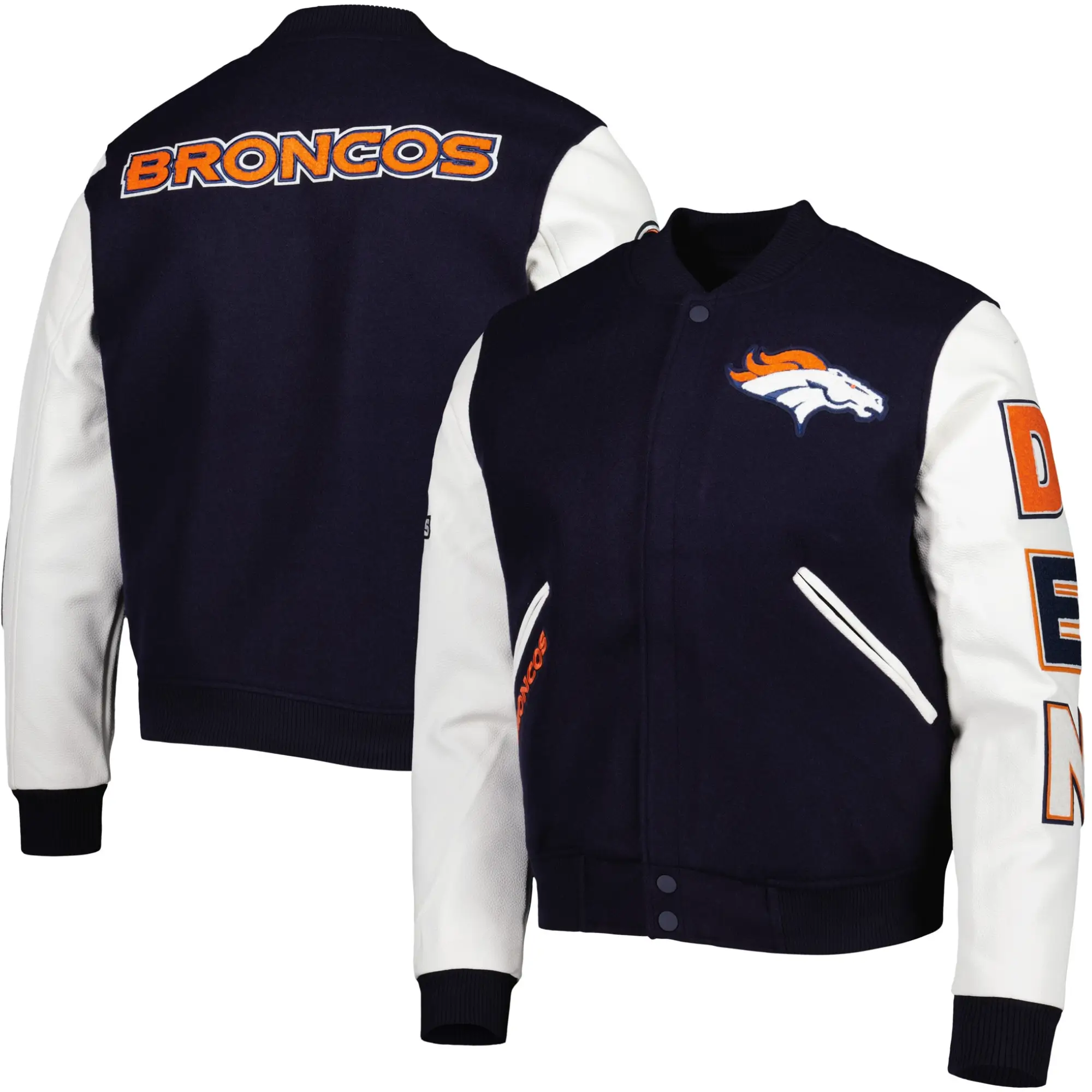 Denver Broncos Classic Navy & White Logo Wool & Leather Varsity Jacket - Image 3