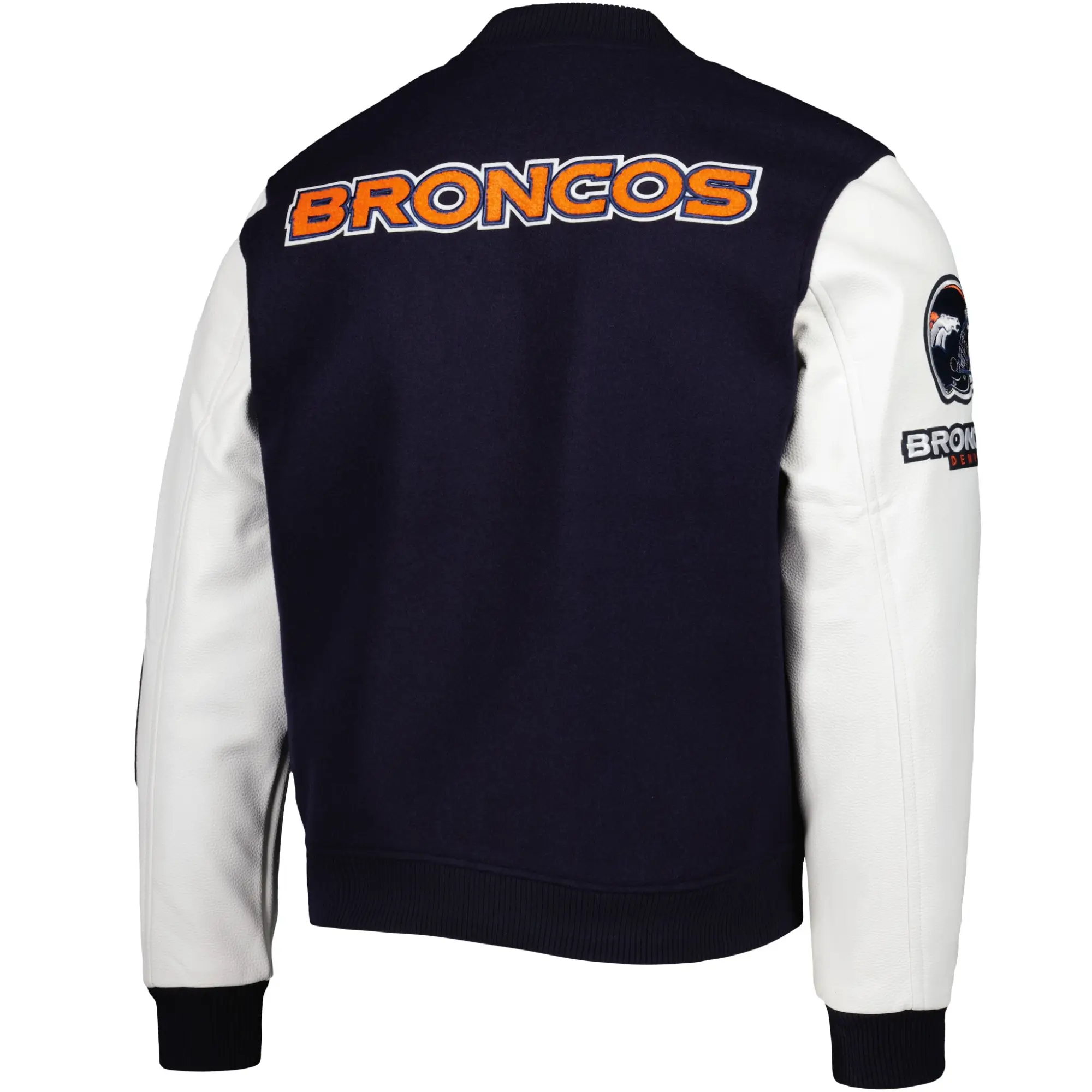 Denver Broncos Classic Navy & White Logo Wool & Leather Varsity Jacket - Image 2