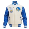 Golden State Warriors Retro Classic Wool & Leather Cream/Blue Varsity Jacket