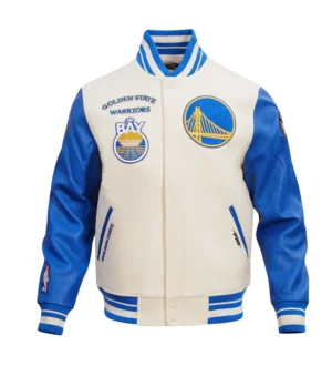 Golden State Warriors Retro Classic Wool & Leather Cream/Blue Varsity Jacket