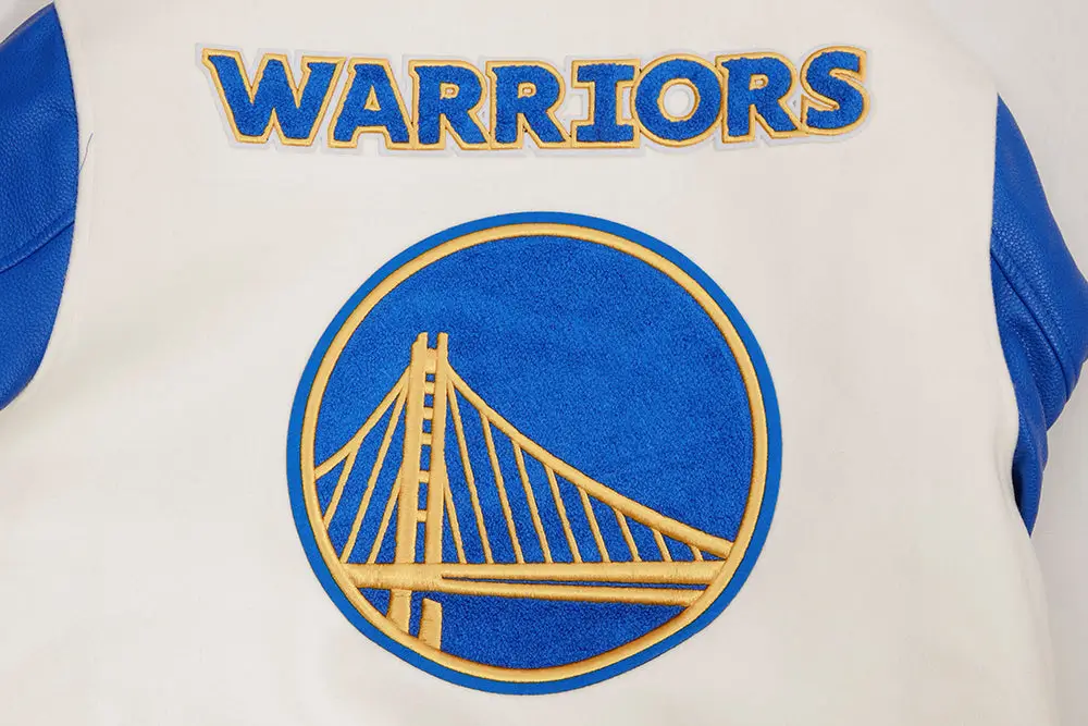 Golden State Warriors Retro Classic Wool & Leather Cream/Blue Varsity Jacket