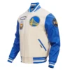 Golden State Warriors Retro Classic Wool & Leather Cream/Blue Varsity Jacket