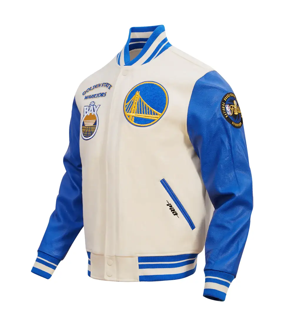 Golden State Warriors Retro Classic Wool & Leather Cream/Blue Varsity Jacket