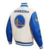 Golden State Warriors Retro Classic Wool & Leather Cream/Blue Varsity Jacket