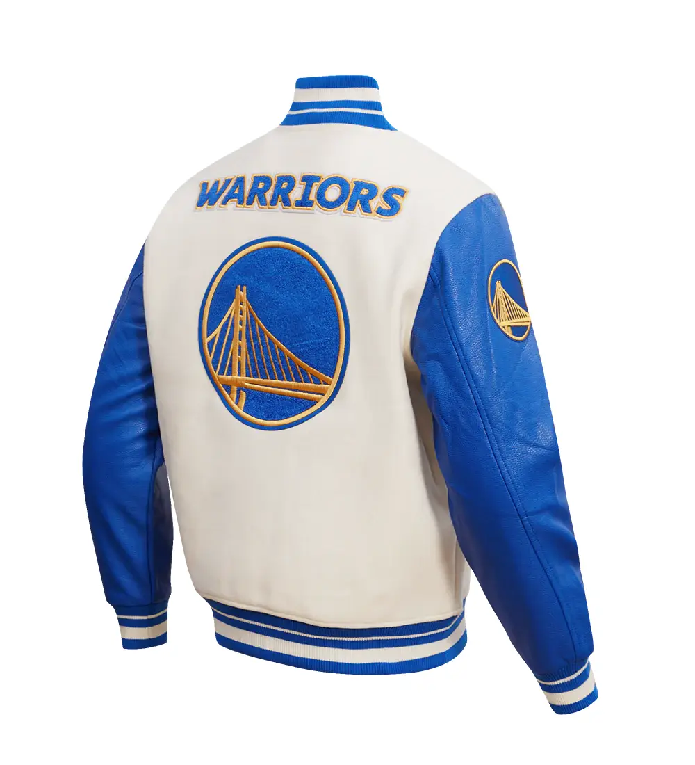 Golden State Warriors Retro Classic Wool & Leather Cream/Blue Varsity Jacket