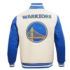 Golden State Warriors Retro Classic Wool & Leather Cream/Blue Varsity Jacket