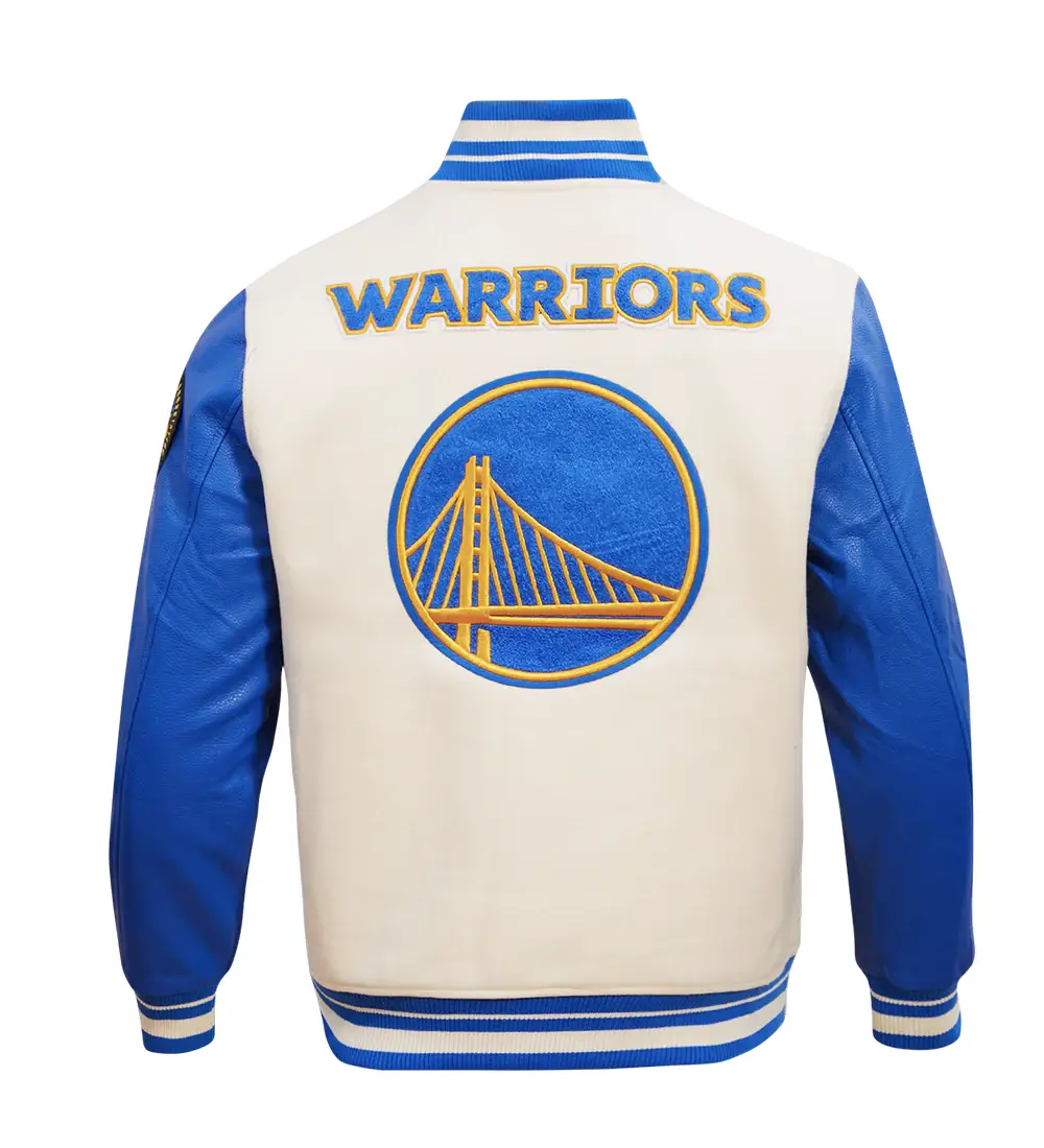 Golden State Warriors Retro Classic Wool & Leather Cream/Blue Varsity Jacket
