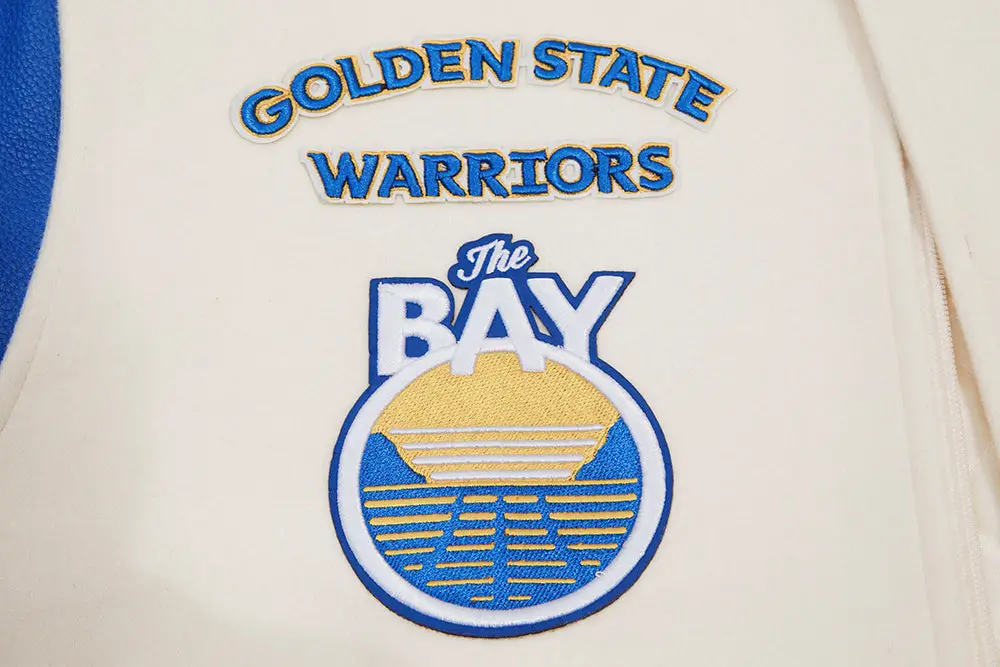 Golden State Warriors Retro Classic Wool & Leather Cream/Blue Varsity Jacket