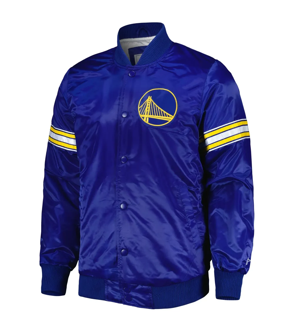 Golden State Warriors Pick And Roll Royal Blue Satin Varsity Jacket