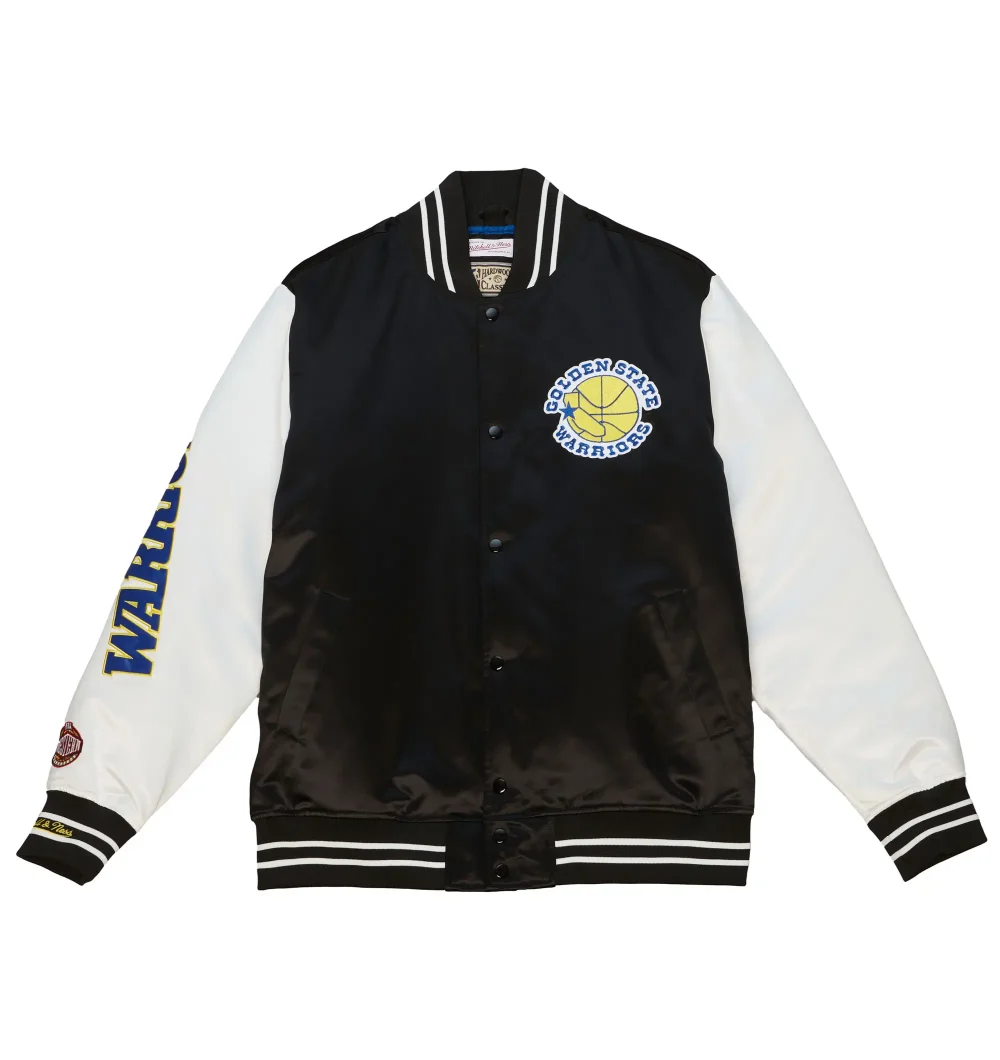 Golden State Warriors Team Legacy Black & White Satin Varsity Jacket