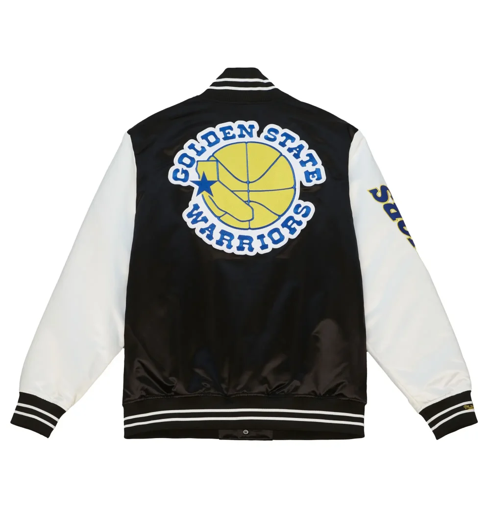 Golden State Warriors Team Legacy Black & White Satin Varsity Jacket