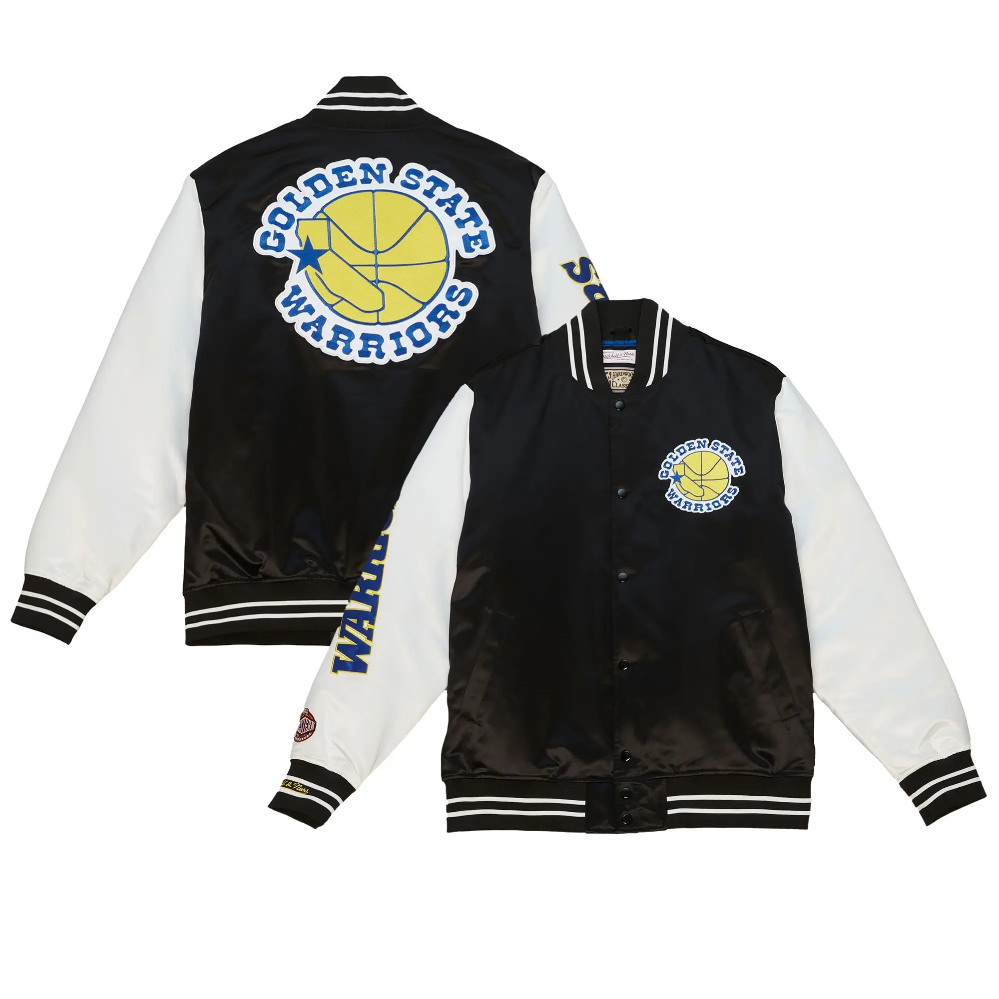 Golden State Warriors Team Legacy Black & White Satin Varsity Jacket