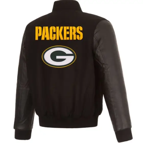 Green Bay Packers Black Wool & Leather Reversible Varsity Jacket - Image 2