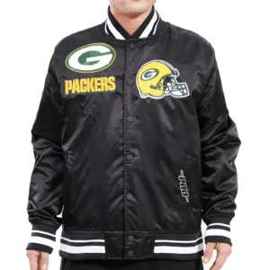 Green Bay Packers Classic Rib Satin Black Varsity Jacket