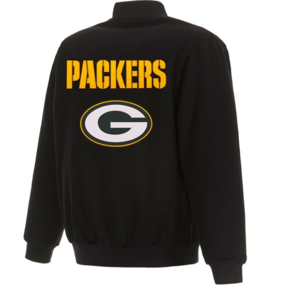 Green Bay Packers Classic Black Full Wool One Color Varsity Jacket - Image 2