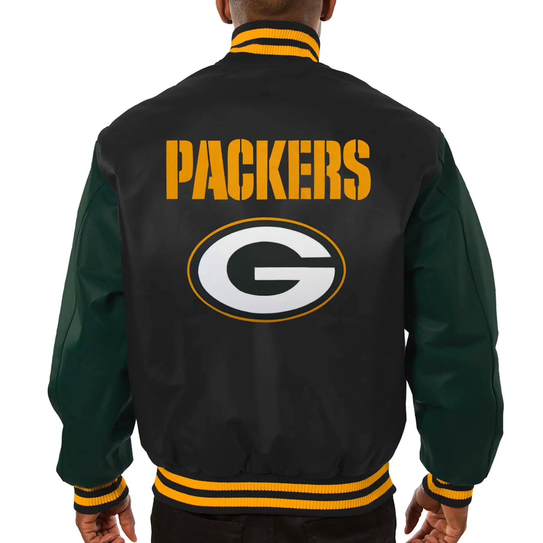 Green Bay Packers Two Tone Wool & Leather Varsity Jacket Black & Green - Image 2