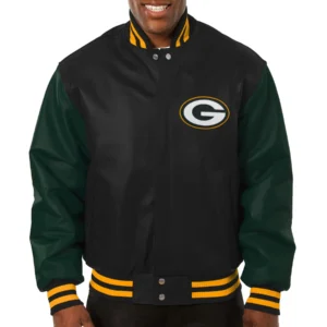 Green Bay Packers Two Tone Wool & Leather Varsity Jacket Black & Green