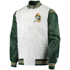 Green Bay Packers The Enforcer Full-Snap Satin White/Green Varsity Jacket