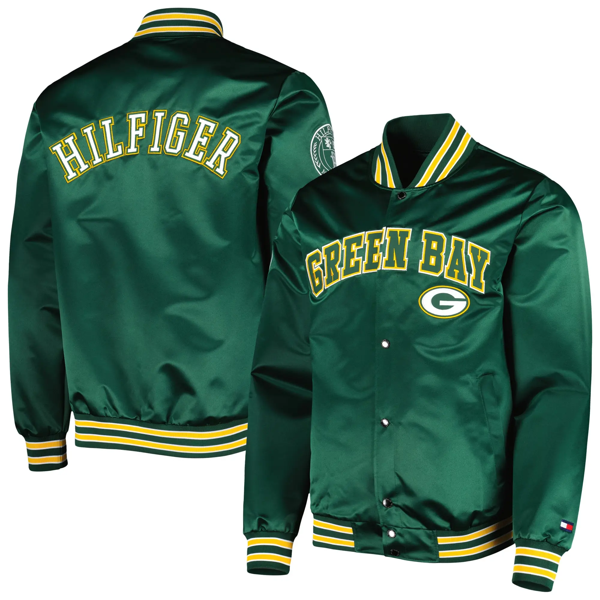 Green Bay Packers Elliot Satin Varsity Jacket Green - Image 3