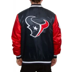 Alternative view of Houston Texans Bomber Football Team Players Satin Varsity Jacket Navy & Red