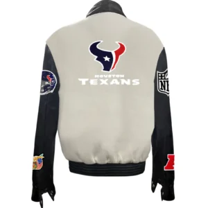 Alternative view of Houston Texans Jeff Hamilton Off White Wool & Leather Full Snap Varsity Jacket