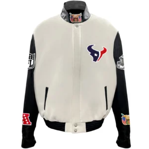 Houston Texans Jeff Hamilton Off White Wool & Leather Full Snap Varsity Jacket