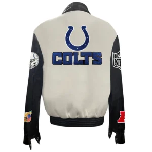 Alternative view of Indianapolis Colts Jeff Hamilton Stand Up Collar Off White Wool & Leather Varsity Jacket