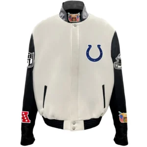 Indianapolis Colts Jeff Hamilton Stand Up Collar Off White Wool & Leather Varsity Jacket