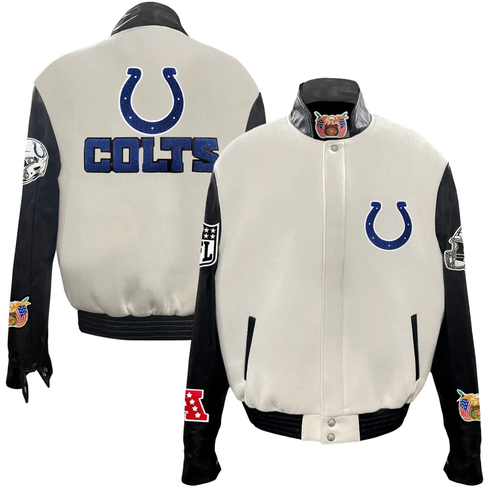 Indianapolis Colts Jeff Hamilton Stand Up Collar Off White Wool & Leather Varsity Jacket - Image 3