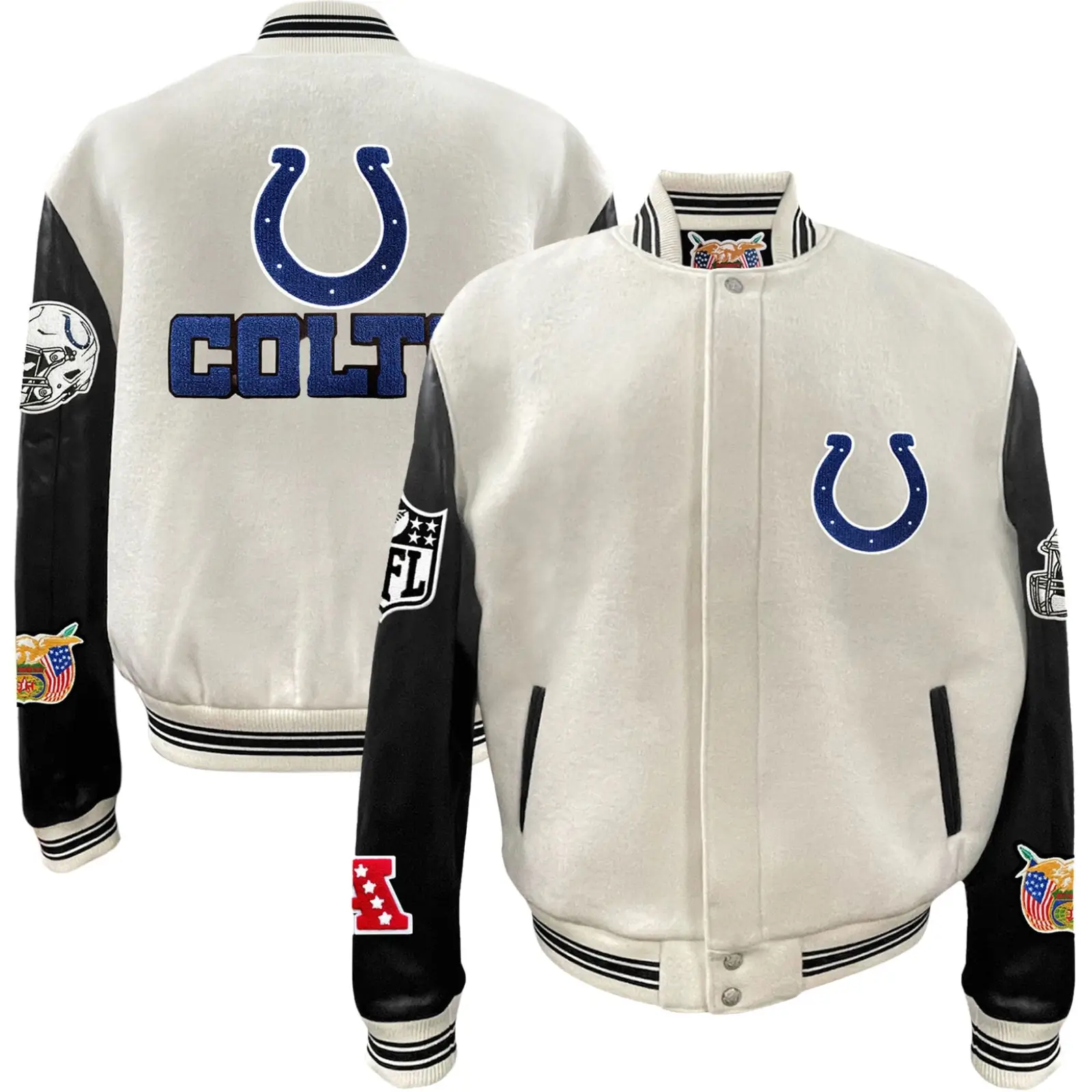 Indianapolis Colts Jeff Hamilton Off White Wool & Leather Varsity Jacket - Image 3