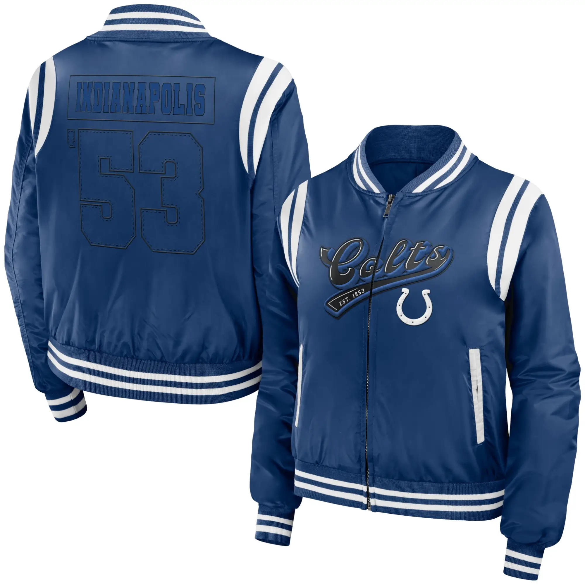 Indianapolis Full Zip Colts Satin Varsity Jacket Royal Blue - Image 3