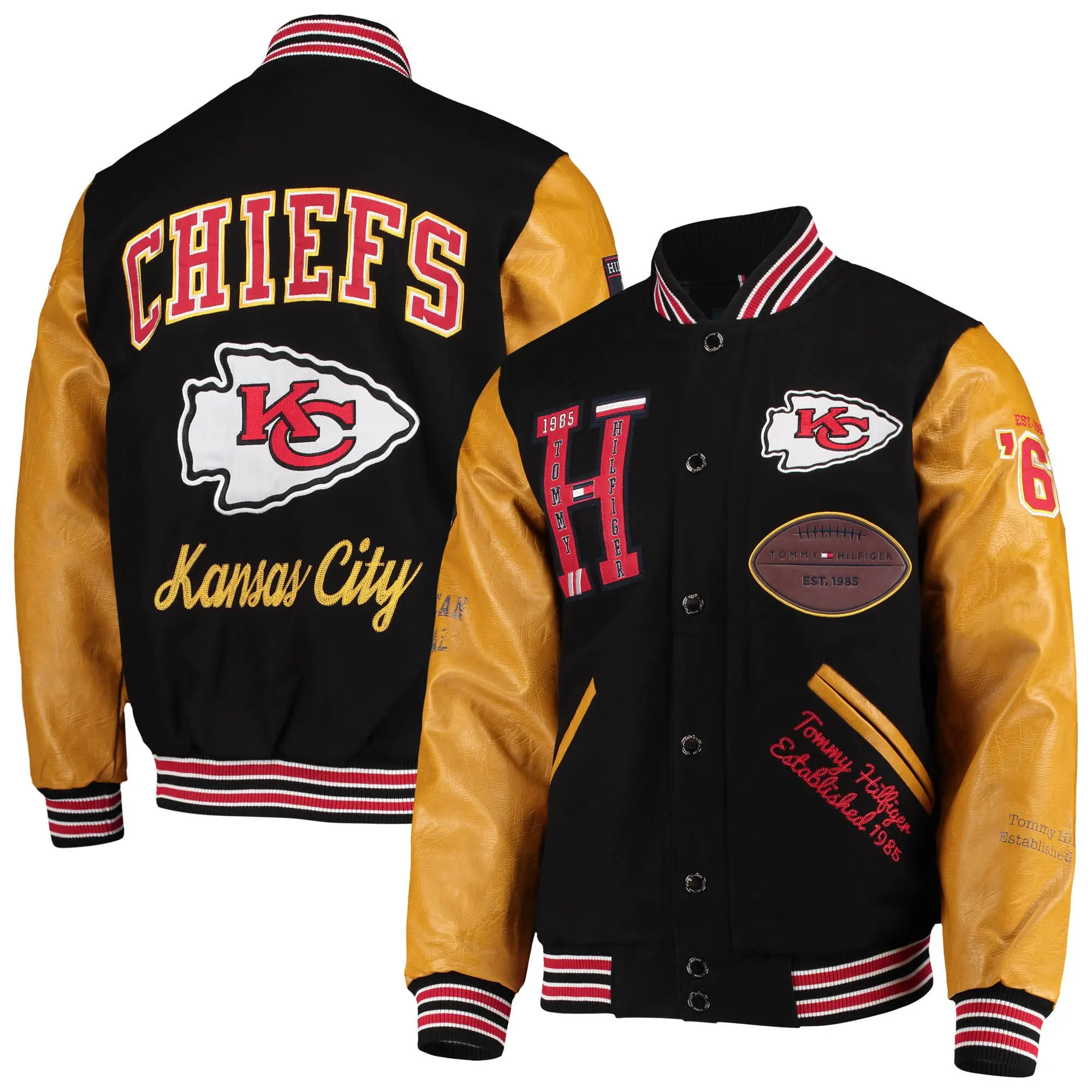 Kansas City Chiefs Tommy Hilfiger Heritage Full-Snap Black & Tan Varsity Jacket - Image 4