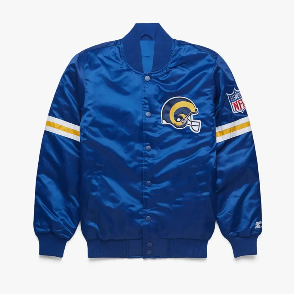 Sequined Rams Jacket NFL Los Angeles Rams Satin The Pick And Roll Royal Blue Varsity Jacket