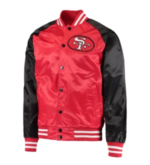 Men's San Francisco 49ers Lead Off Raglan Red/Black Satin Varsity Jacket