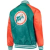 Miami Dolphins Lead Off Rib Satin Varsity Jacket Aqua & Orange - Image 2