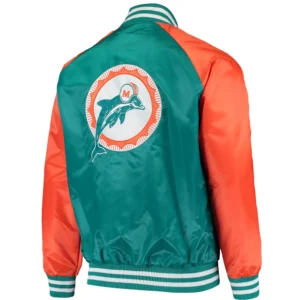 Alternative view of Miami Dolphins Lead Off Rib Satin Varsity Jacket Aqua & Orange