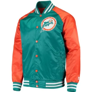 Miami Dolphins Lead Off Rib Satin Varsity Jacket Aqua & Orange