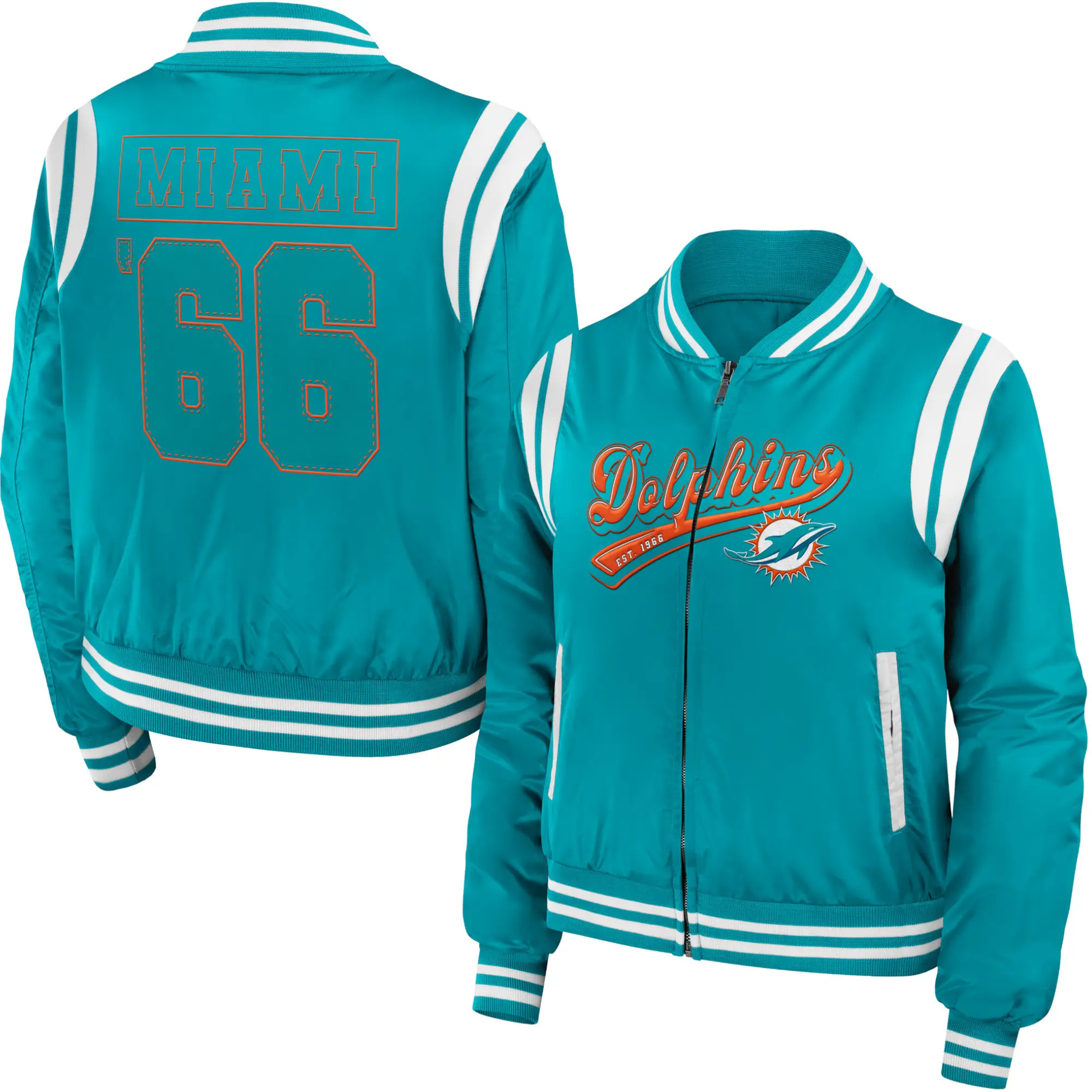 Miami Dolphins Full Zip Classic Rib Satin Varsity Jacket - Image 3
