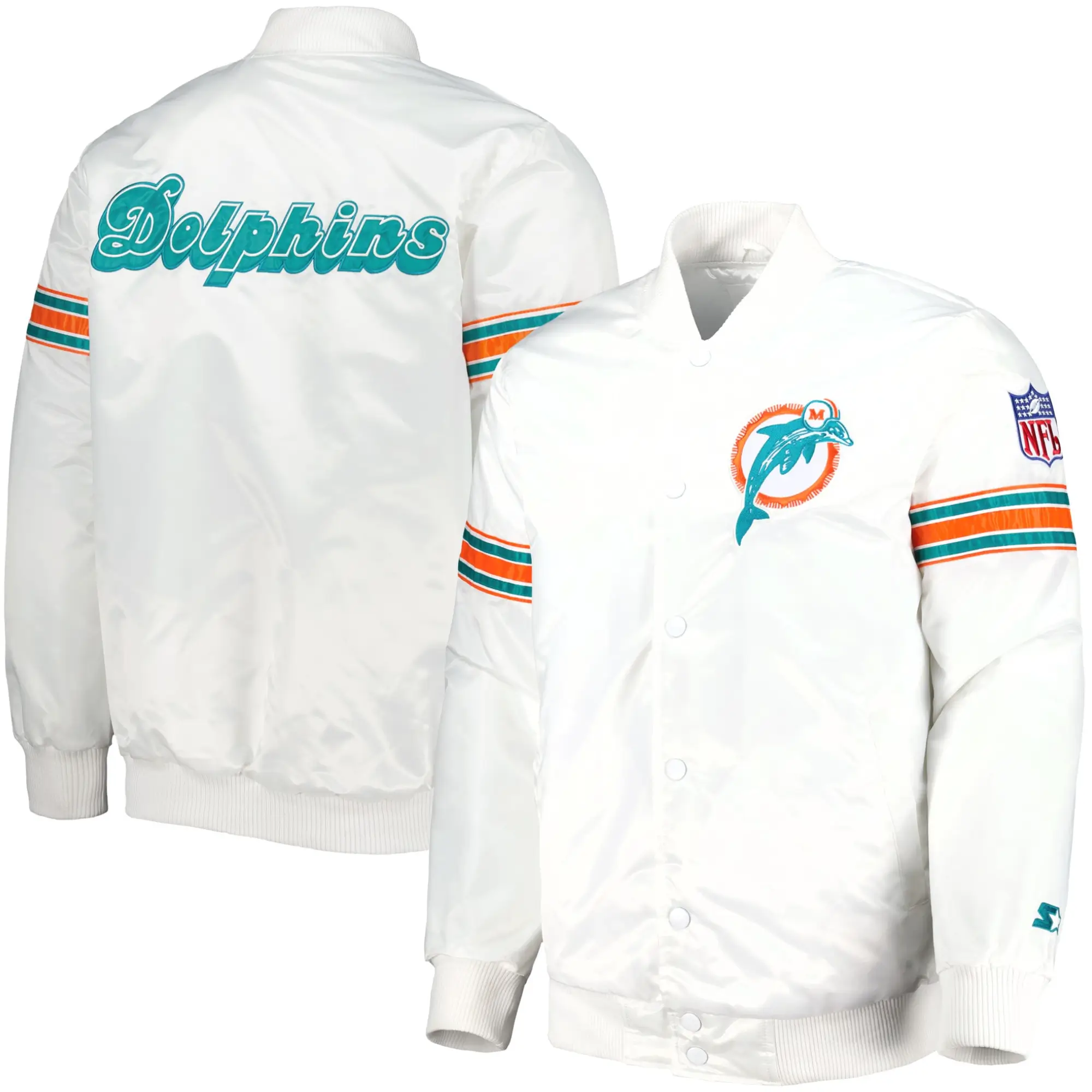 Miami Dolphins Classic Vintage Satin Varsity White Jacket - Image 3