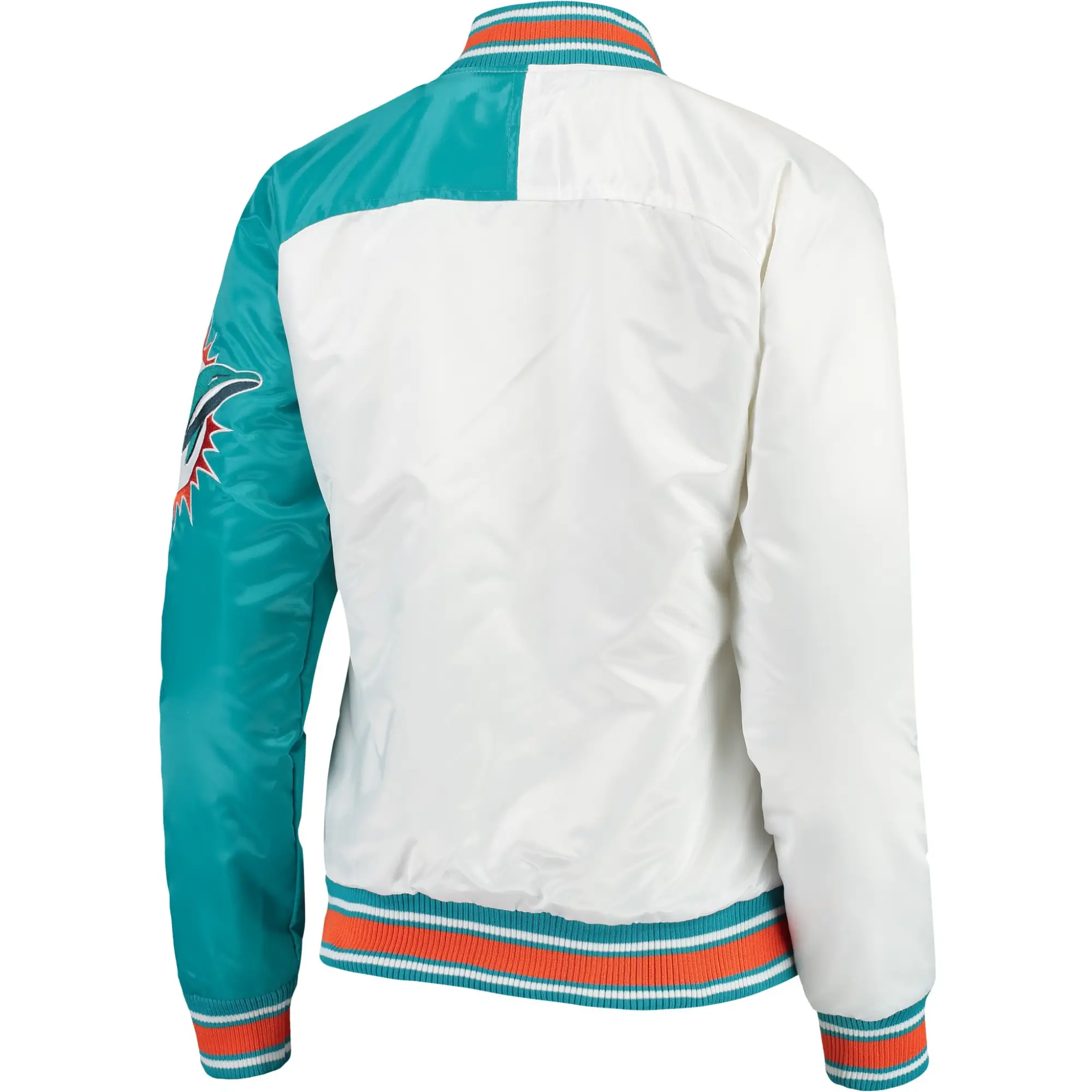 Miami Dolphins Hometown White & Aqua Satin Varsity Jacket - Image 2