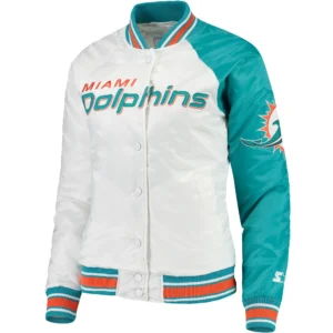 Miami Dolphins Hometown White & Aqua Satin Varsity Jacket