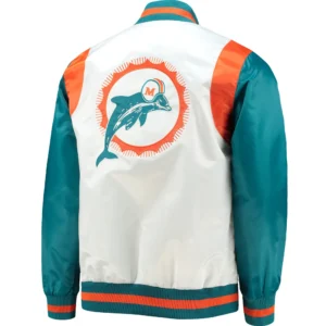Alternative view of Miami Dolphins Retro The All-American Football Team Players Satin Varsity Jacket