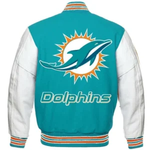 Alternative view of Miami Dolphins Letterman Football Team Players Varsity Jacket Aqua & White