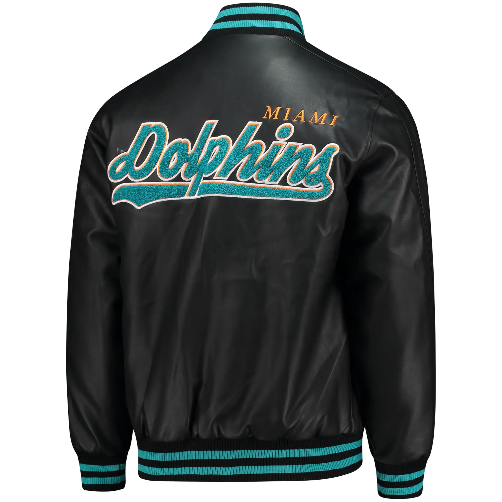 Miami Dolphins Stiff Arm Pleather Leather Varsity Jacket - Image 2