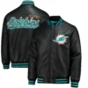 Miami Dolphins Stiff Arm Pleather Leather Varsity Jacket - Image 4