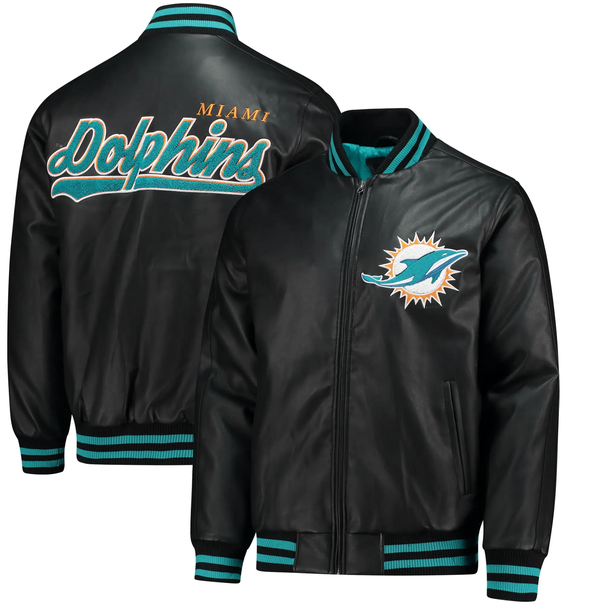 Miami Dolphins Stiff Arm Pleather Leather Varsity Jacket - Image 4
