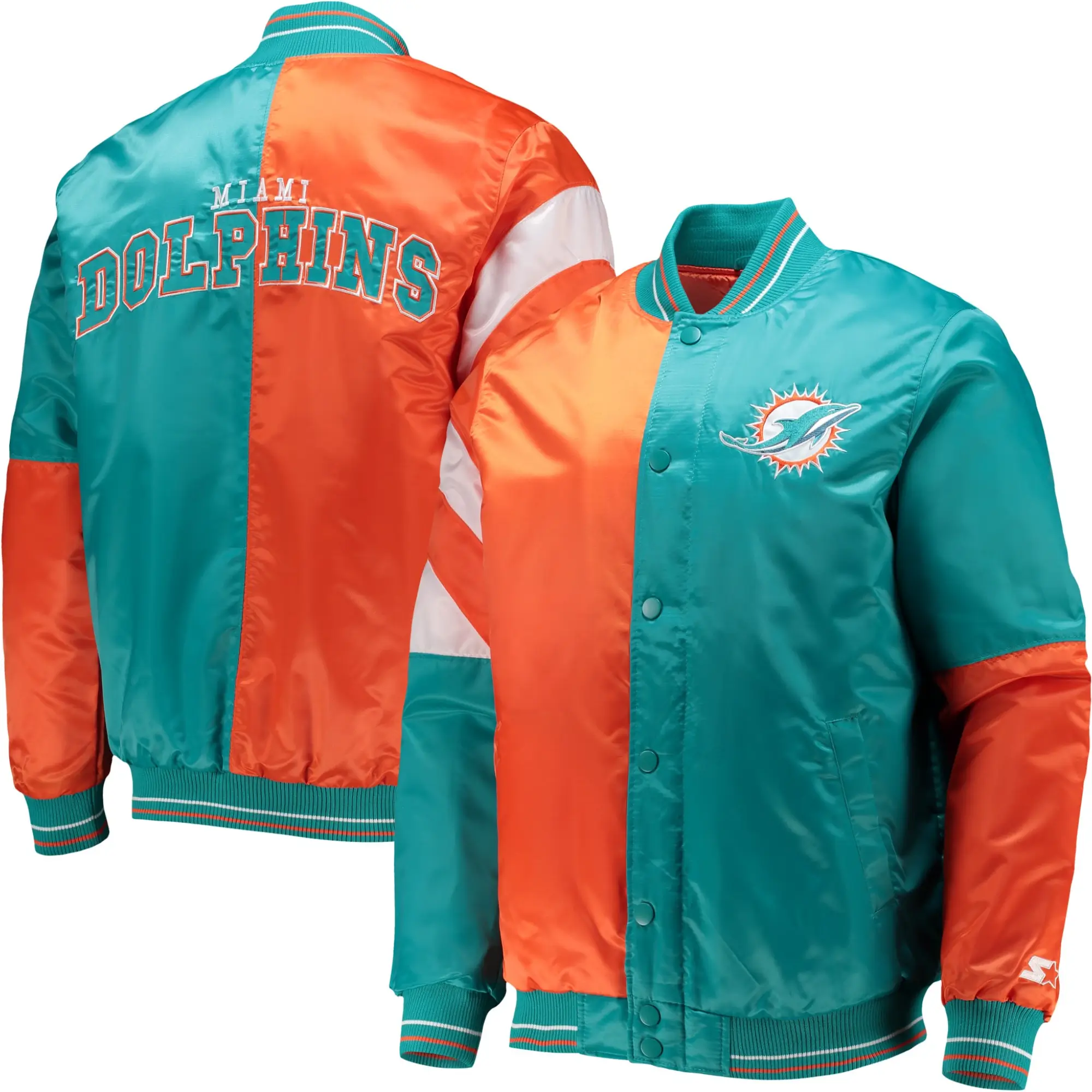 Miami Dolphins Leader Satin Varsity Jacket Aqua & Orange - Image 3